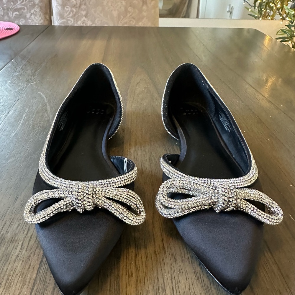 a new day Black Satin Flats with Silver Bow
